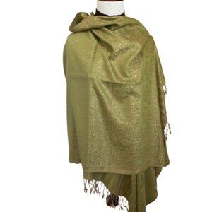 Moss Green and Gold Cashmere Scarf | Floral/Greek Key | 72" x 28" | NWT